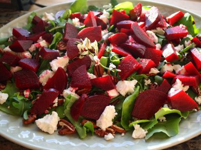 Roasted Beet Salad with Fresh Goat Cheese and Toasted Pecans